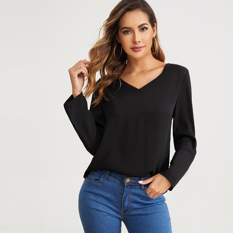 

V-neck Roll Tab Sleeve Solid Top, Black