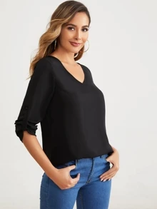 SHEIN Clasi Top unicolor de manga remangada escote V - Negro - Ver 5