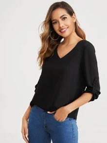 SHEIN Clasi Top unicolor de manga remangada escote V - Negro - Ver 4