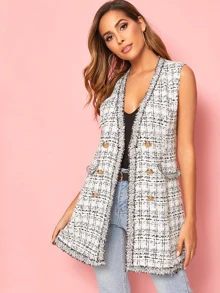 SHEIN Chaleco tweed bajo crudo con botones