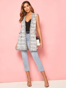 SHEIN Chaleco tweed bajo crudo con botones