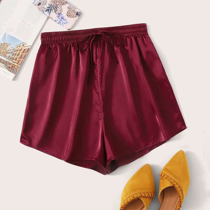 

Tie Waist Solid Satin Shorts, Burgundy