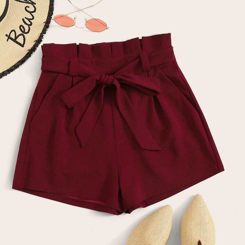 

Paperbag Waist Self Belted Slant Pocket Shorts, Burgundy