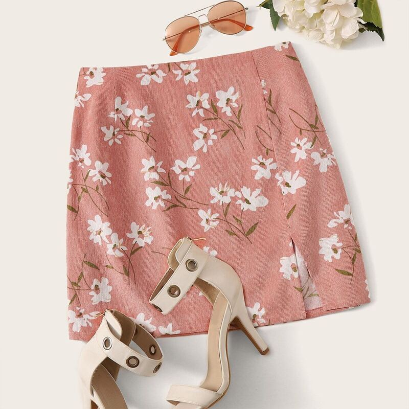 

Floral Print Split Hem Cord Skirt, Pink pastel