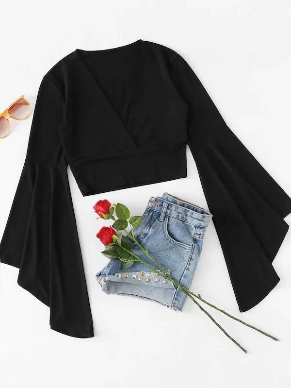 Celure Plus Flounce Sleeve Wrap Crop Top - Black - View 1