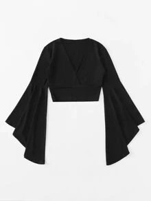 Celure Plus Flounce Sleeve Wrap Crop Top - Black - View 5