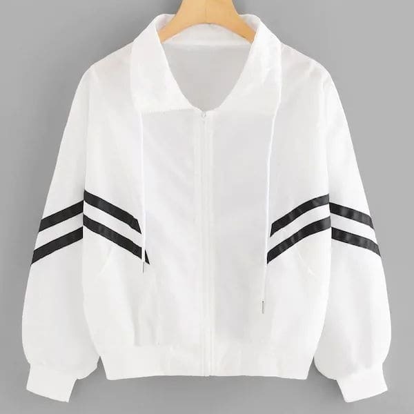 

Plus Contrast Tape Drawstring Windbreaker Hooded Jacket, White
