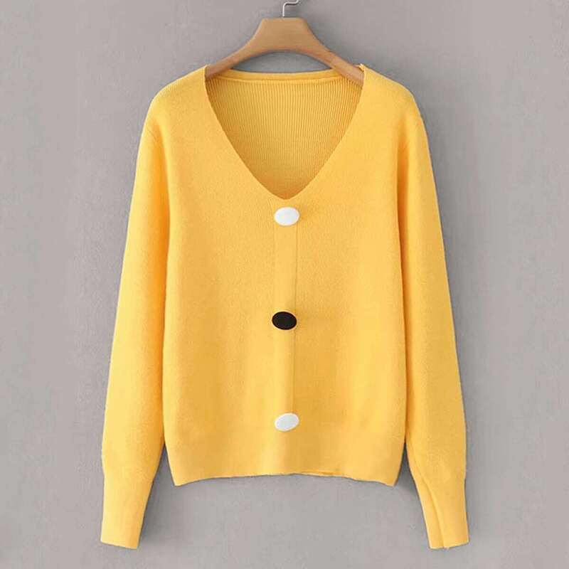 

V-neck Colorful Button Front Solid Jumper, Yellow
