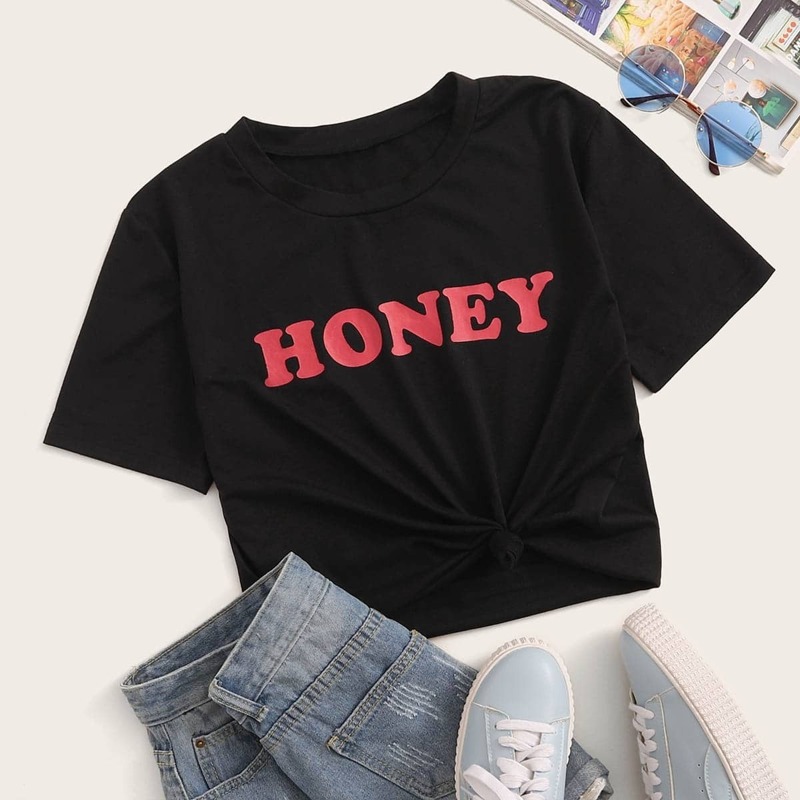 

Letter Graphic Round Neck Crop Tee, Black