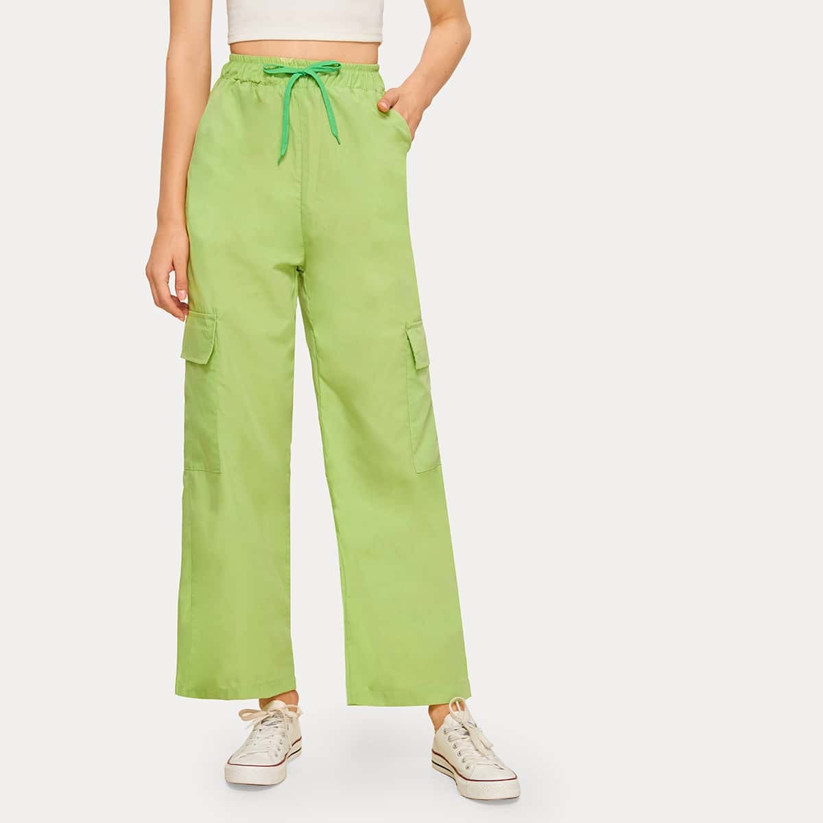 

Neon Green Pocket Side Drawstring Waist Pants, Green bright