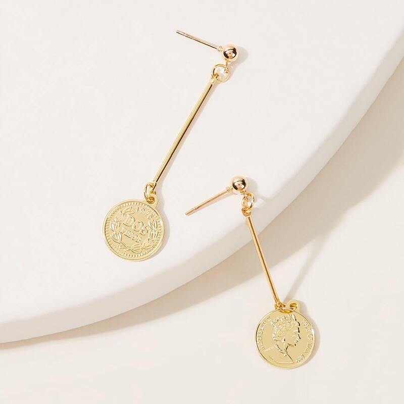 

Stick & Coin Drop Earrings 1pair, Gold