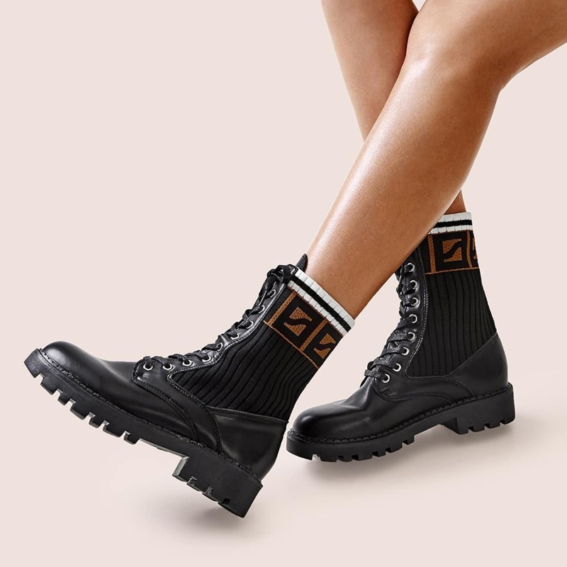 

Stretch-knit Stitching Lug Sole Ankle Boots, Black