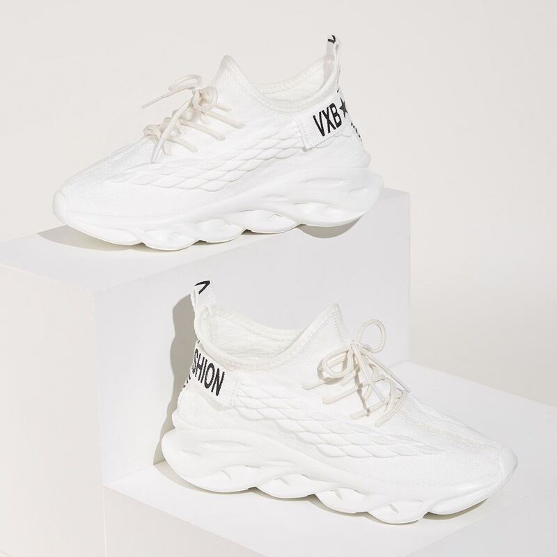 

Lace-up Front Chunky Sole Knit Sneakers, White