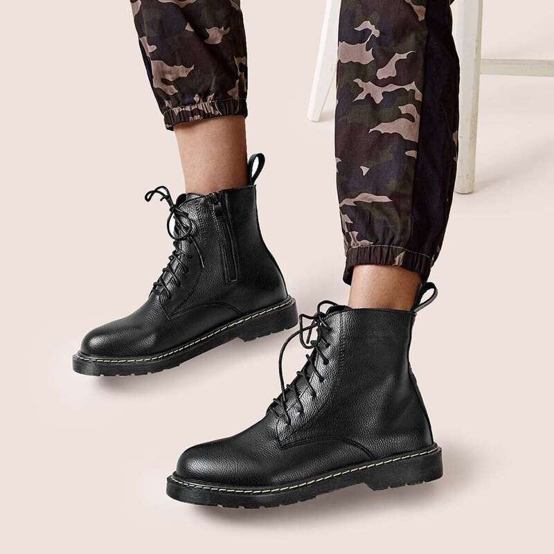 

Lace-up & Side Zipper Boots, Black