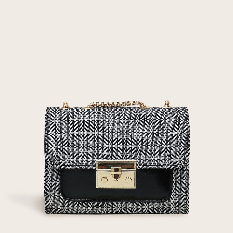 

Push Lock Flap Chain Bag, Black and white