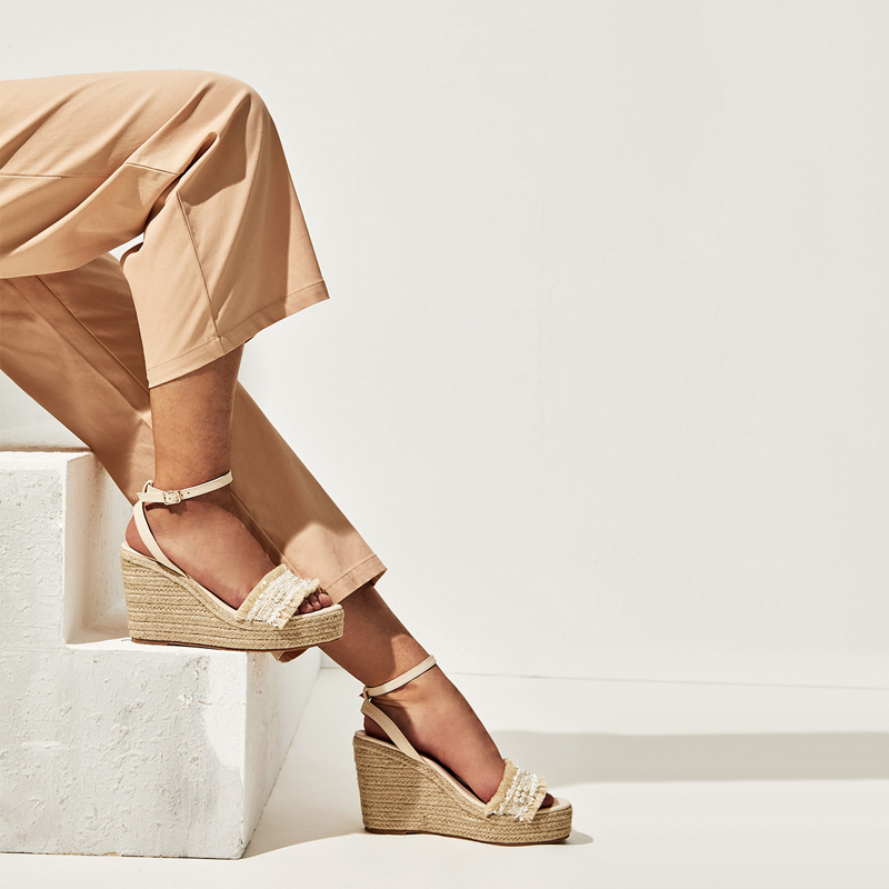 

Fringe Decor Ankle Strap Espadrille Wedges, Khaki