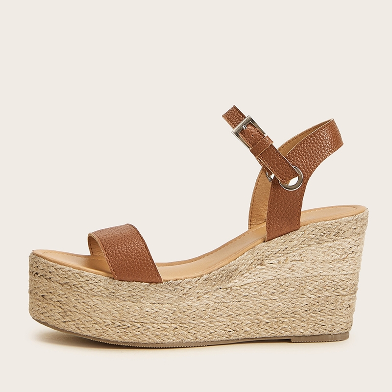 

Open Toe Buckle Strap Espadrille Wedges, Brown