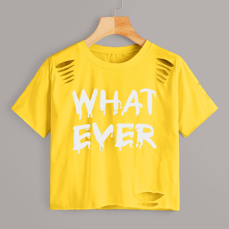 

Letter Print Ripped Tee, Yellow