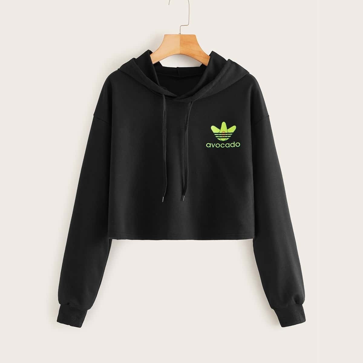 

Letter Print Drawstring Hooded Sweatshirt, Black