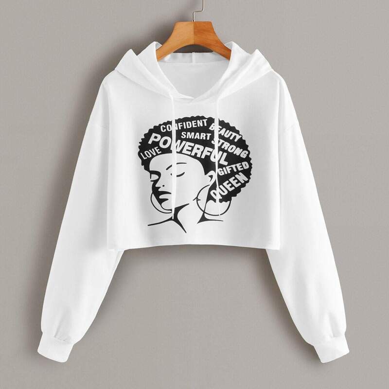 

Figure & Letter Print Drawstring Hoodie, White
