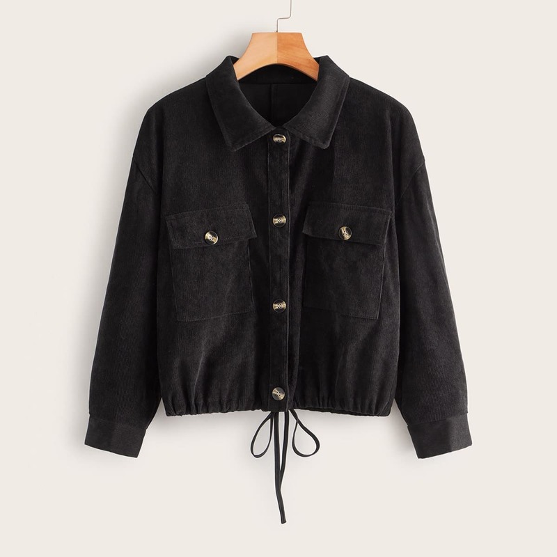 

Drawstring Hem Single Breasted Corduroy Jacket, Black