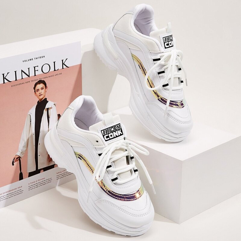 

Holographic Detail Lace-up Chunky Sole Sneakers, White