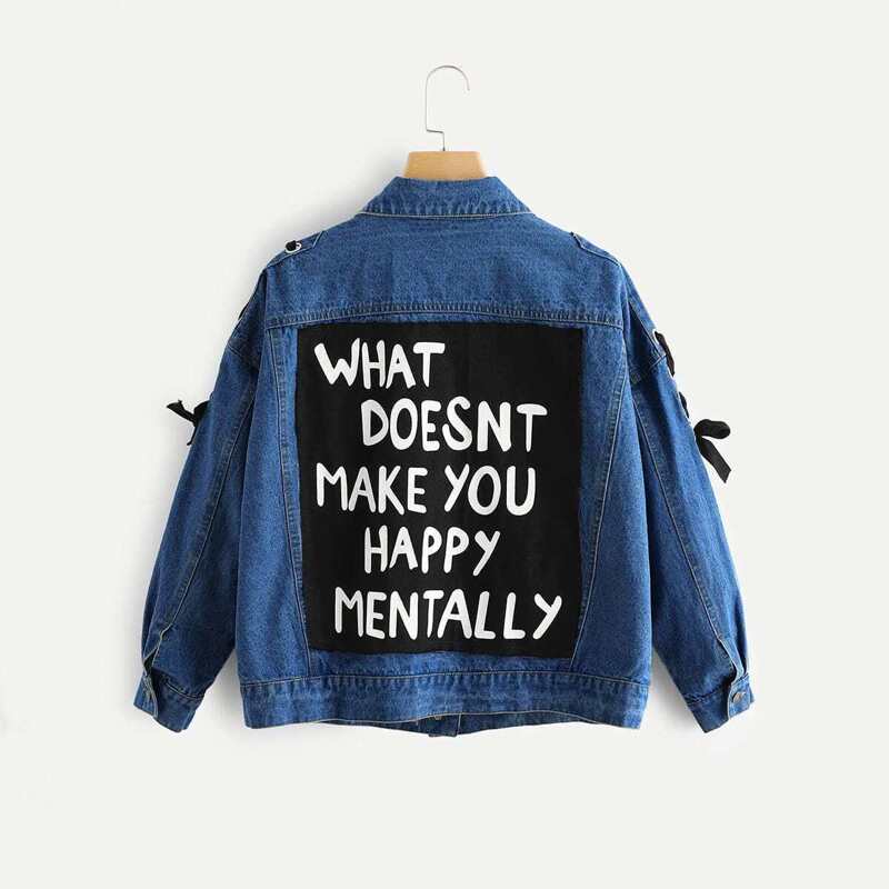 

Letter Print Lace Up Denim Jacket, Blue
