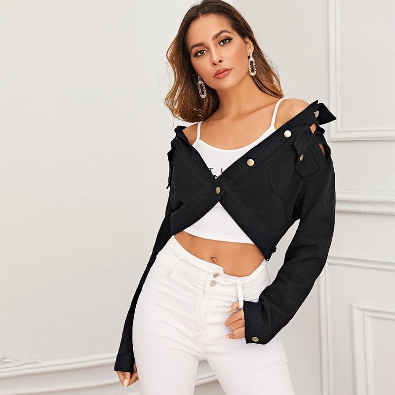

Cut-out Pocket Patch Button Front Crop Denim Jacket, Black