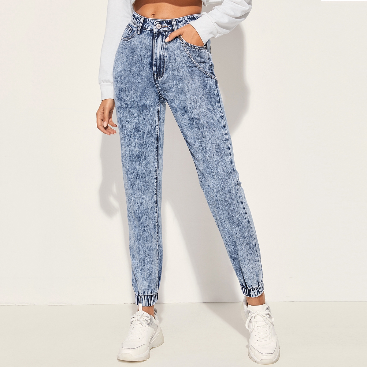 Image of Acid Wash Chain Detail Mom Jeans