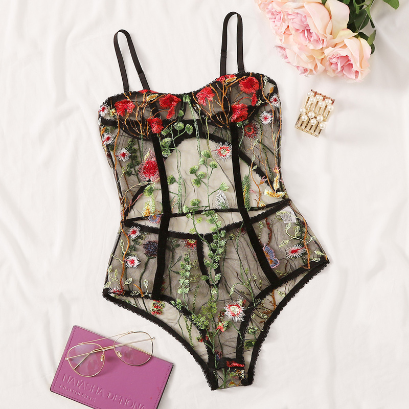 

Floral Embroidered Sheer Teddy Bodysuit, Black