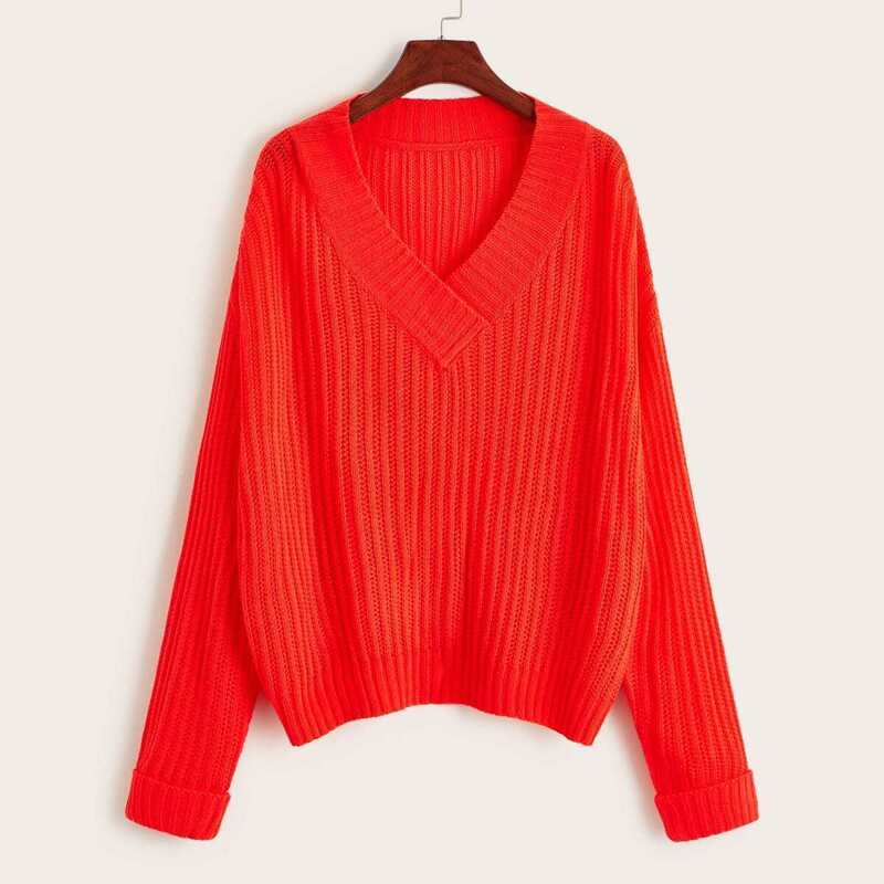 

Solid Drop Shoulder Sweater, Orange bright