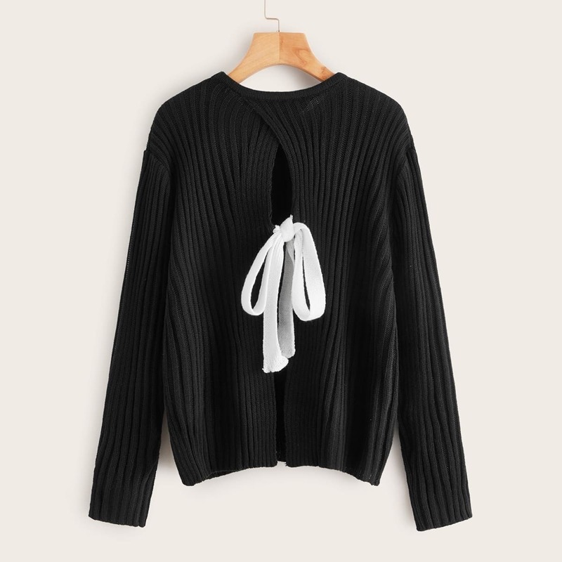 

Tie Back Split Hem Sweater, Black