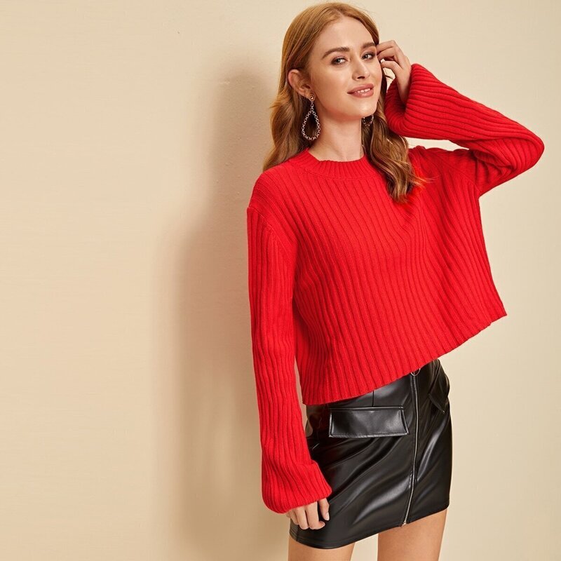 

Solid Rib-knit Sweater, Red bright