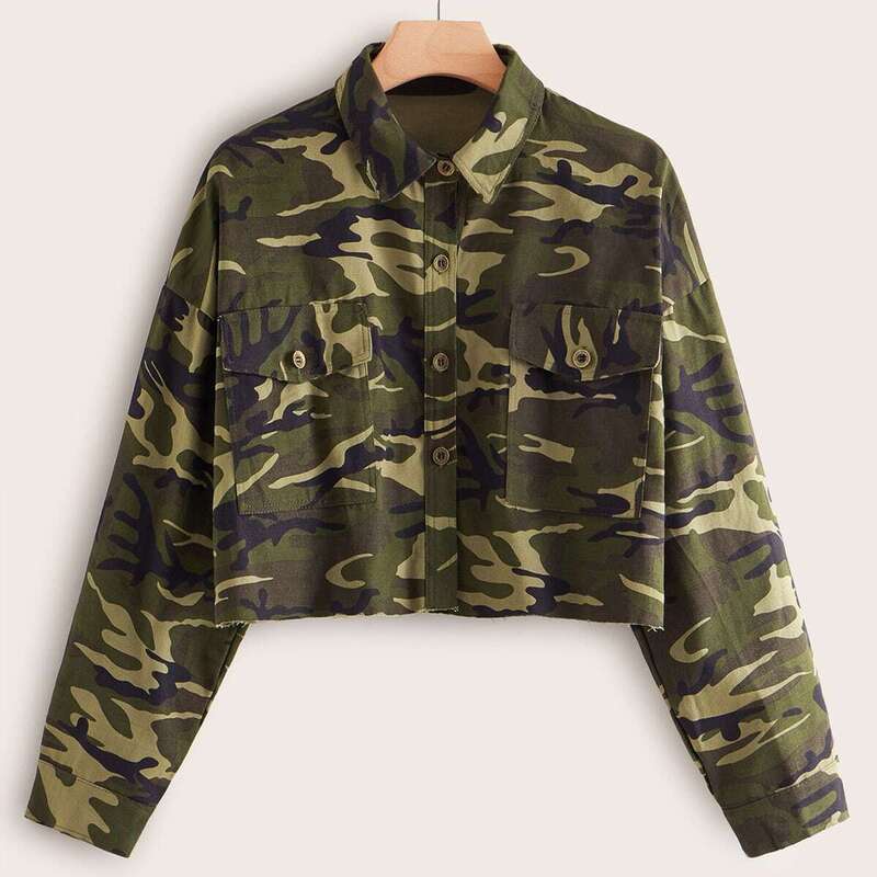 

Plus Camo Print Flap Pocket Front Jacket, Multicolor