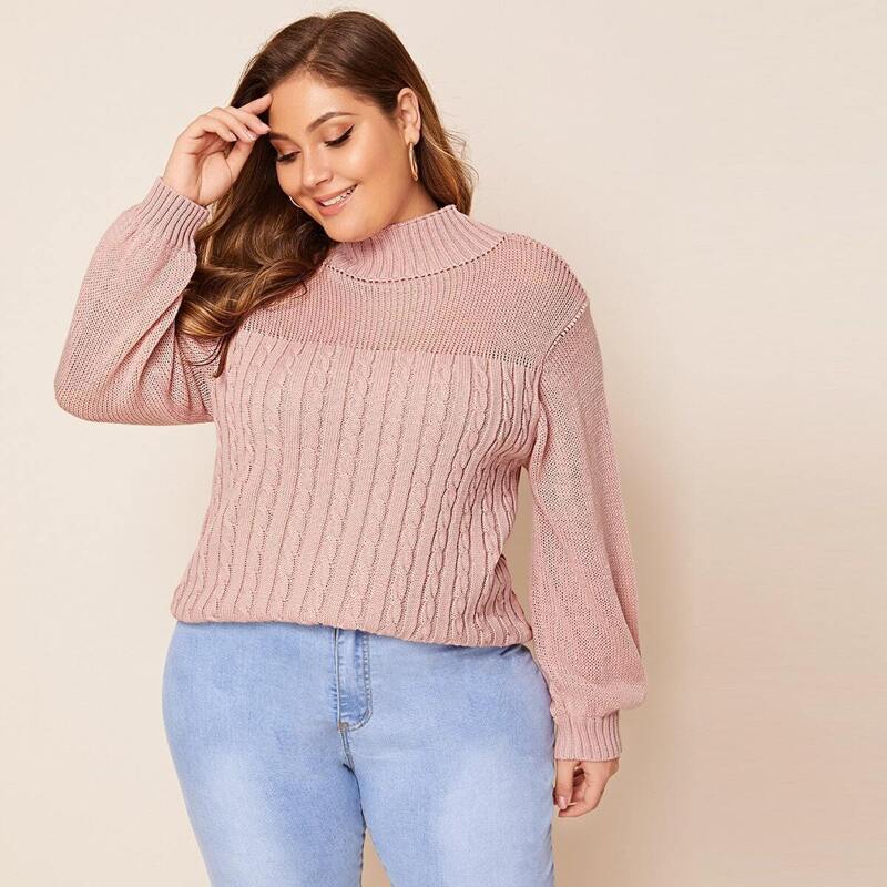 

Plus Solid Cable-knit Stand Collar Sweater, Pink