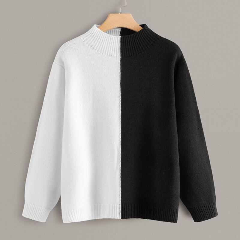 

Plus Two Tone Mock Neck Sweater, Black and white