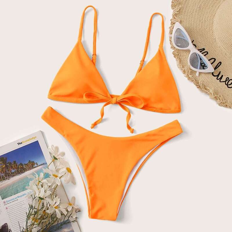

Knot Front Triangle Top With High Cut Bikini Set