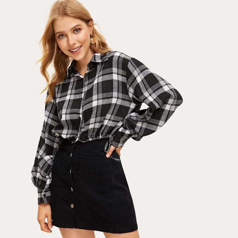 

Drawstring Hem Plaid Crop Blouse, Black and white