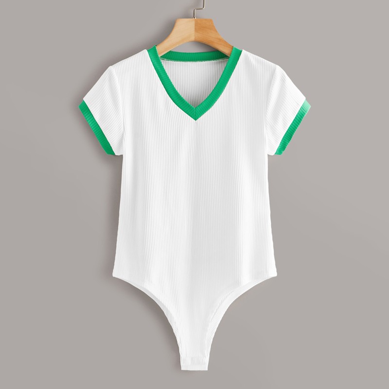 

V-neck Rib-Knit Ringer Tee Bodysuit, White