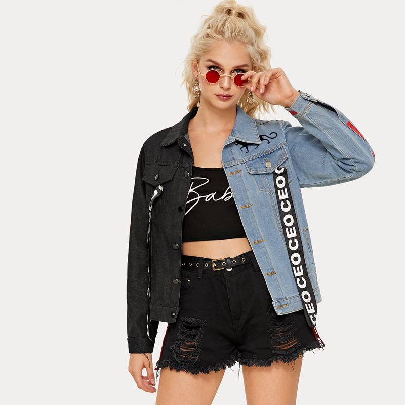 

Two Tone Letter Print Ribbon Denim Jacket, Multicolor