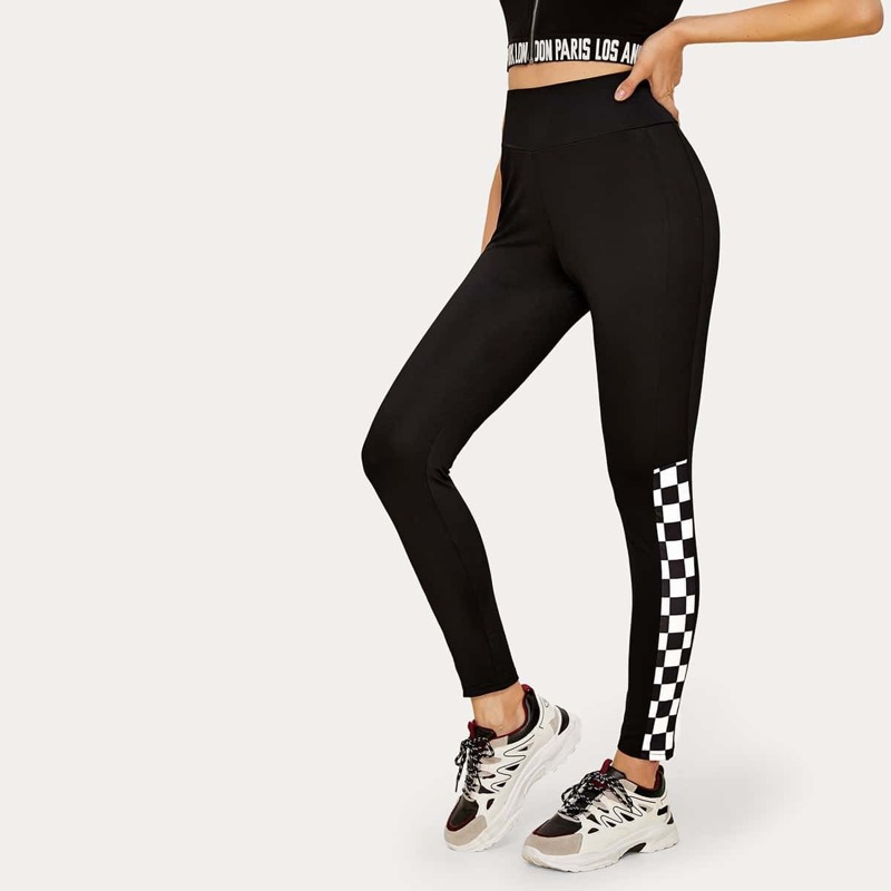 

Checker Print Side High Waist Leggings, Black