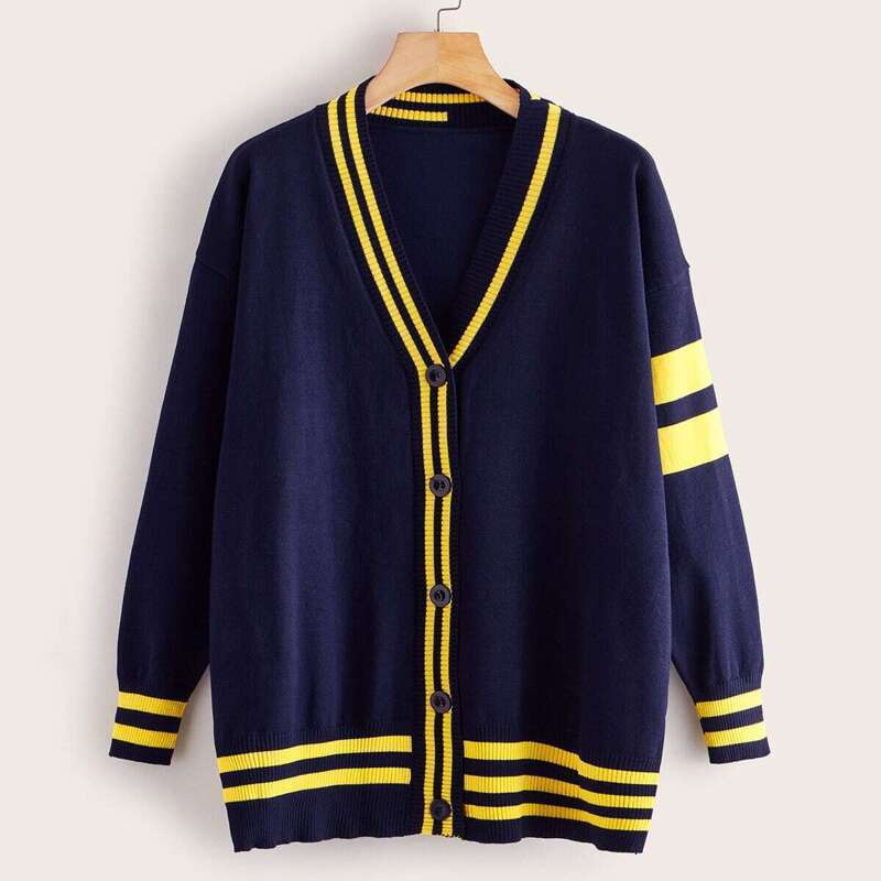 

Contrast Stripe Trim Button Through Cardigan, Navy