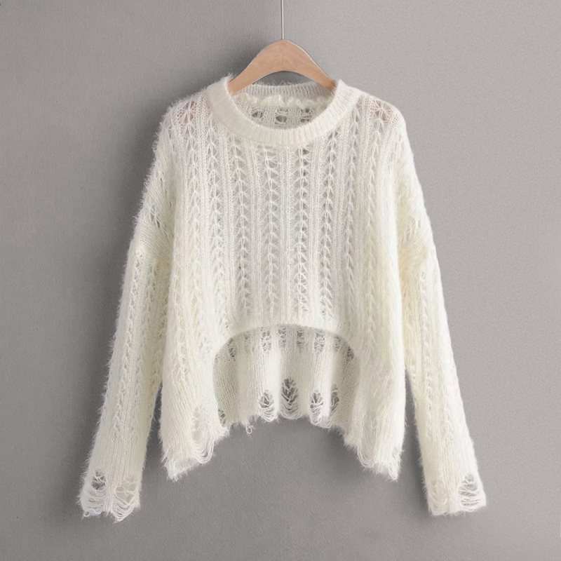 

Open-Knit High Low Raw Hem Sweater, White