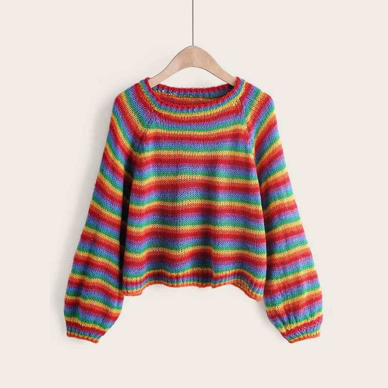 

Rainbow Striped Raglan Sleeve Sweater, Multicolor
