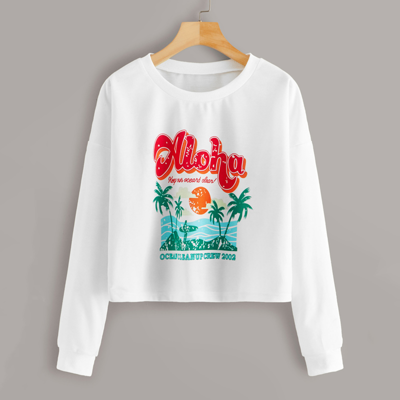 

Tropical & Letter Print Round Neck Sweatshirt, White
