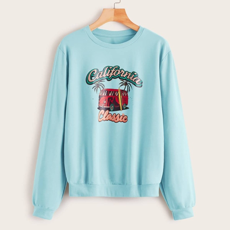 

Tropical & Letter Print Round Neck Sweatshirt, Blue