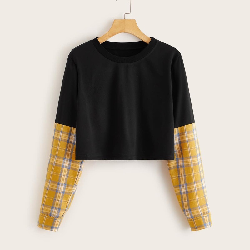 

Contrast Plaid Sleeve Crop Sweatshirt, Black