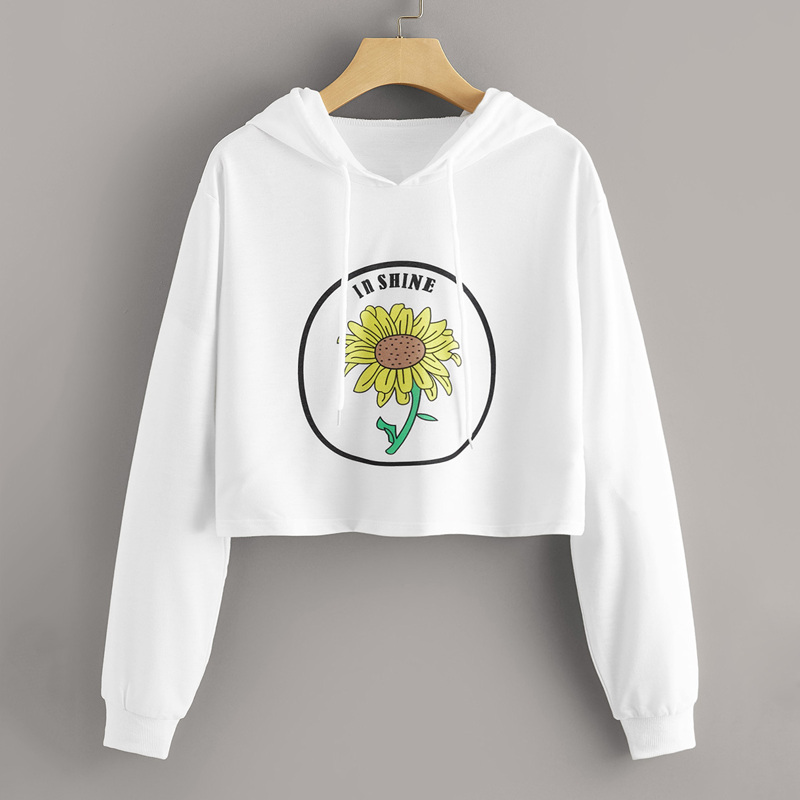 

Sunflower & Letter Print Drawstring Hoodie, White