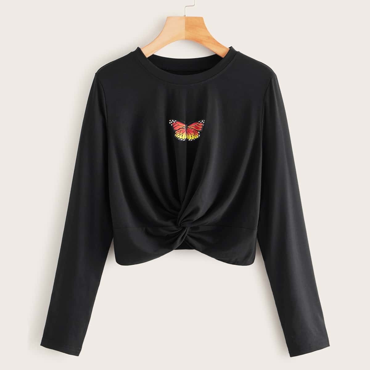

Butterfly Print Twist Front Tee, Black
