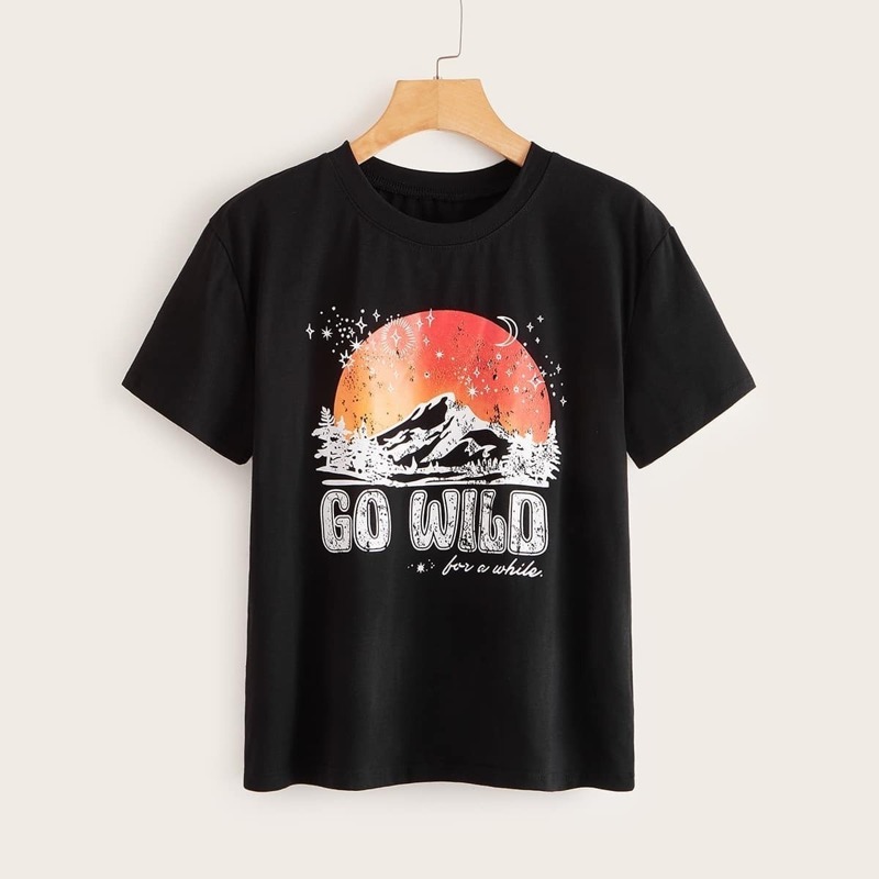 

Landscape & Letter Print Round Neck Tee, Black